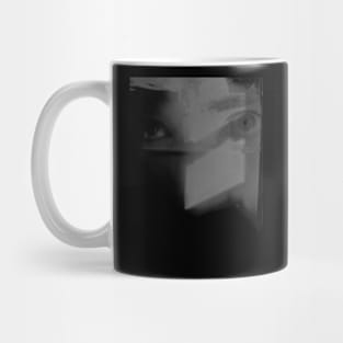 Digital collage, special processing. Abstract art. Eyes, overlay with light shapes. Beautiful. Grayscale. Mug